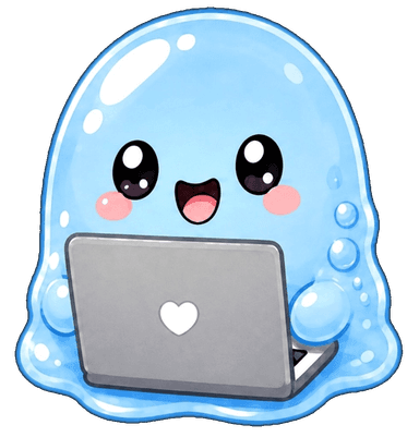Blaues Jellly-Maskottchen mit Laptop, Roman Solodkov von JelllybeanLabs